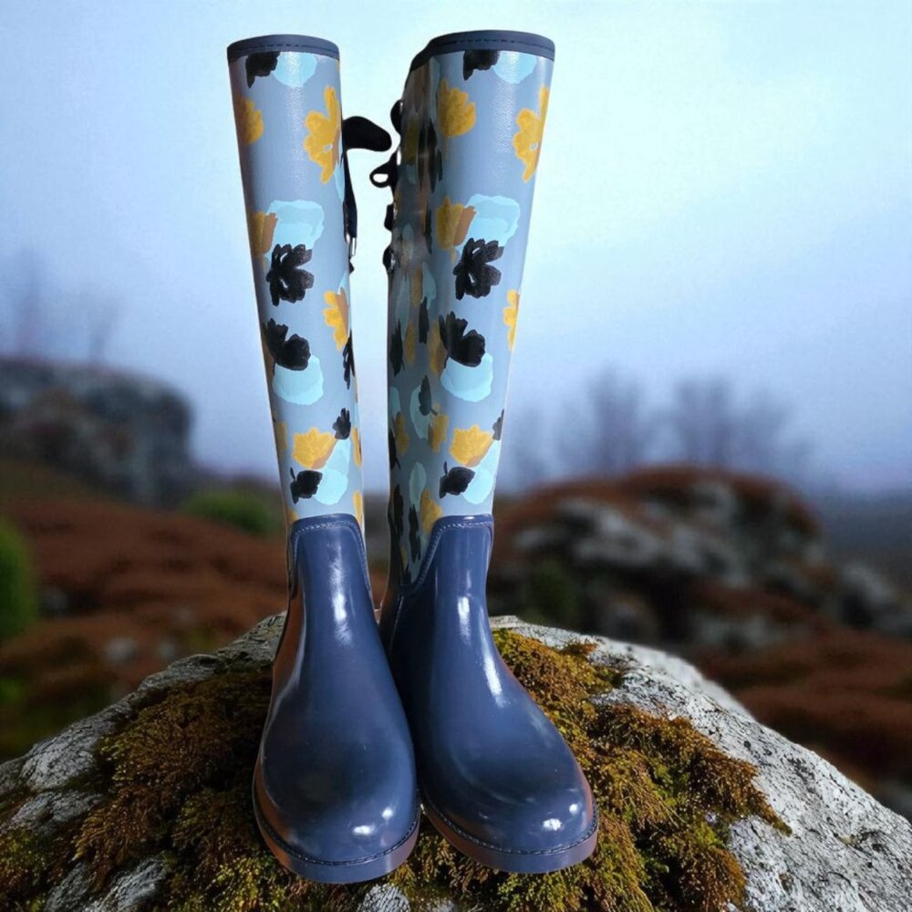 COACH (8) Rain Boots Midnight Navy Corn Powder Blue Lace in Back Boots - Picture 2 of 12